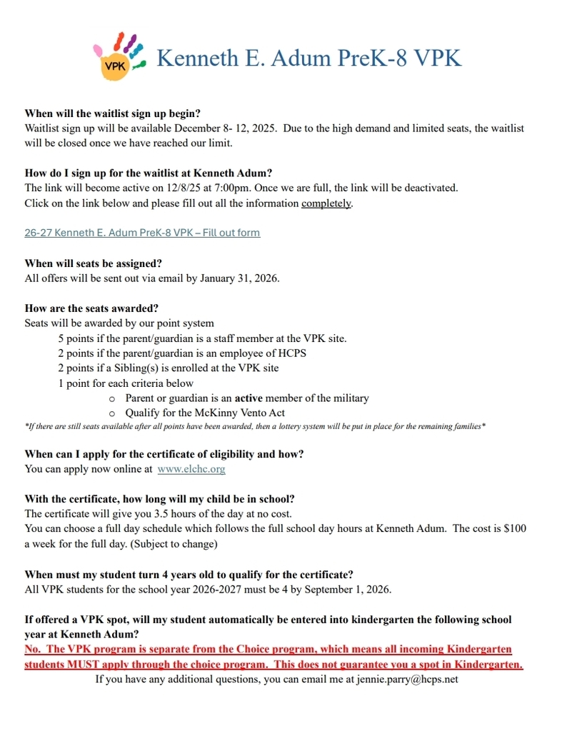 Kenneth E. Adum PreK-8 VPK Enrollment