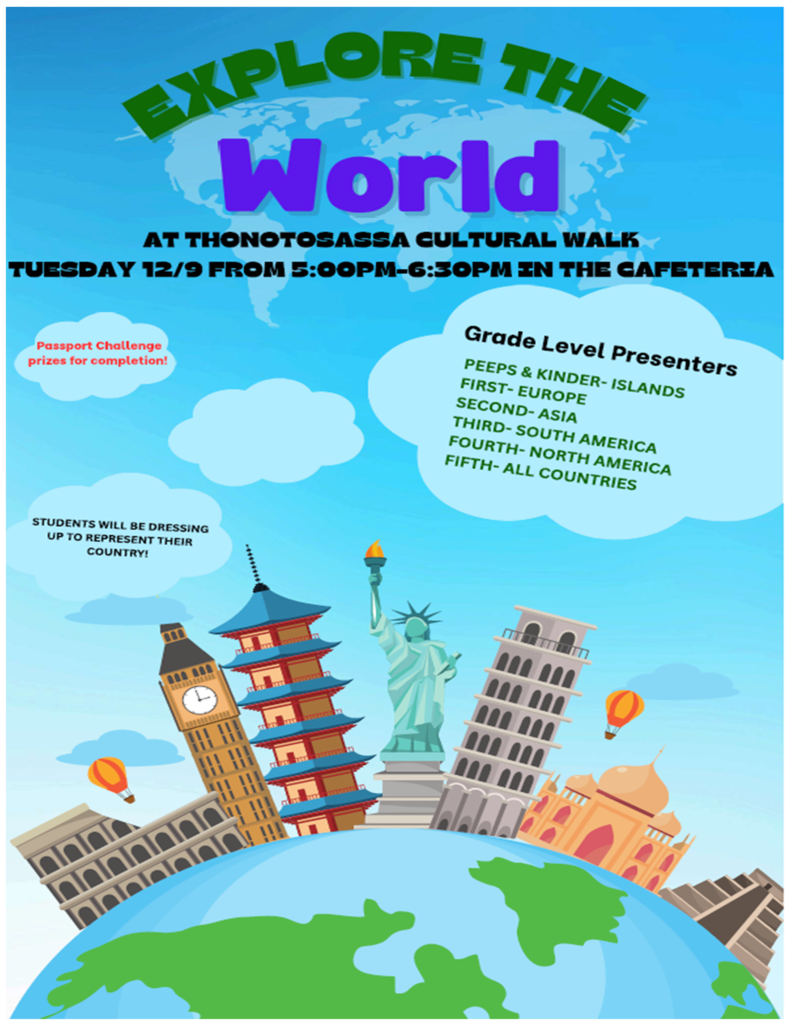 Blue flyer statue of liberty and other buildings over the world map, clouds with words Explore The World - Cultural Walk Activity