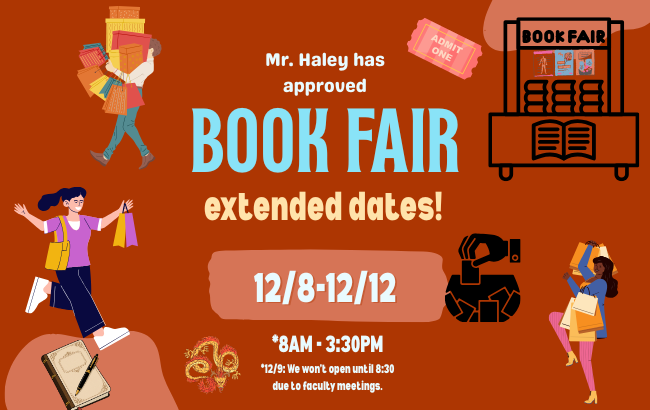 orange background, people with arms full of shopping bags, raffle , dragon, journal and pen, ticket, book fair cart