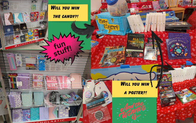 journals, colored pencils, markers, calculator on racks hanging on white shelves, white vhs tape covers (each with a capital letter on the spine) standing up on short end, leaning on each other, opaque container with a blue lid filled with hard candy sitting on top of a light blue box , yellow letters ask, "How many?", boxed set of Five Nights at Freddies, books