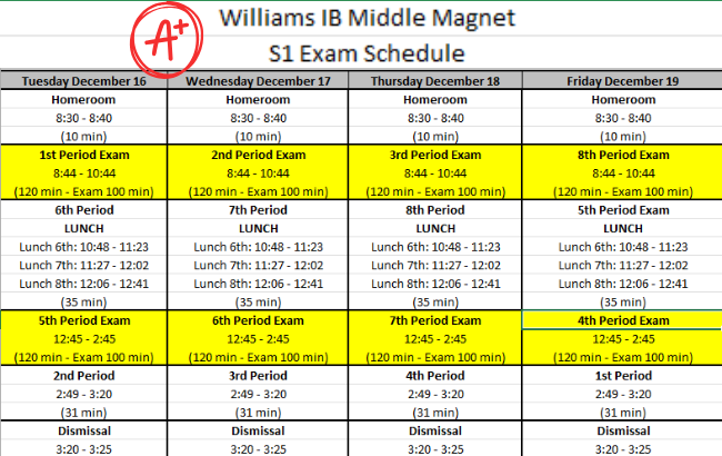 lined grid on white background, exams highlighted in yellow, red A+ circled in red