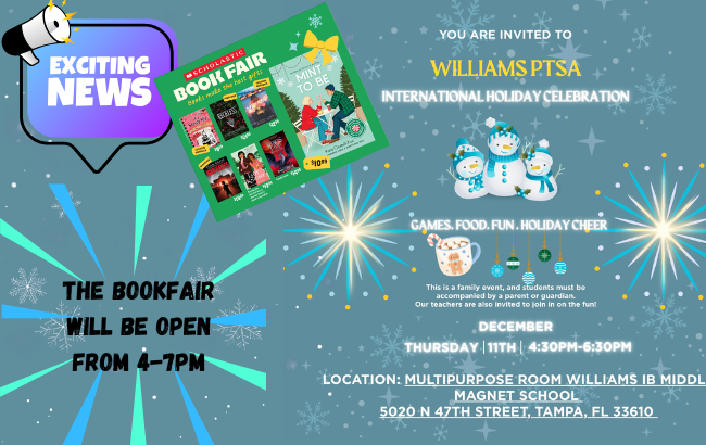 light blue background with numerous snowflakes; megaphone; purple and pink speech bubble; green flyer with 6 small book covers and one large book cover; snow family with blue scarves and hats, hot chocolate mug with candy cane; green and light blue ornaments; teal and sea foam green rays exploding from the bookfair announcement