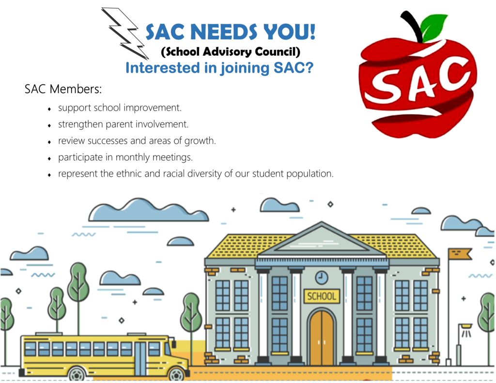 SAC Flyer yellow school bus passing a two story building red apple with the words SAC on it