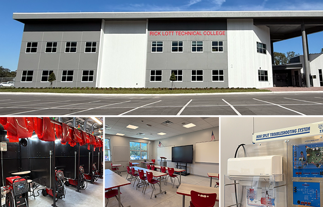 Outside of Rick Lott Technical College, a classroom shot and equipment