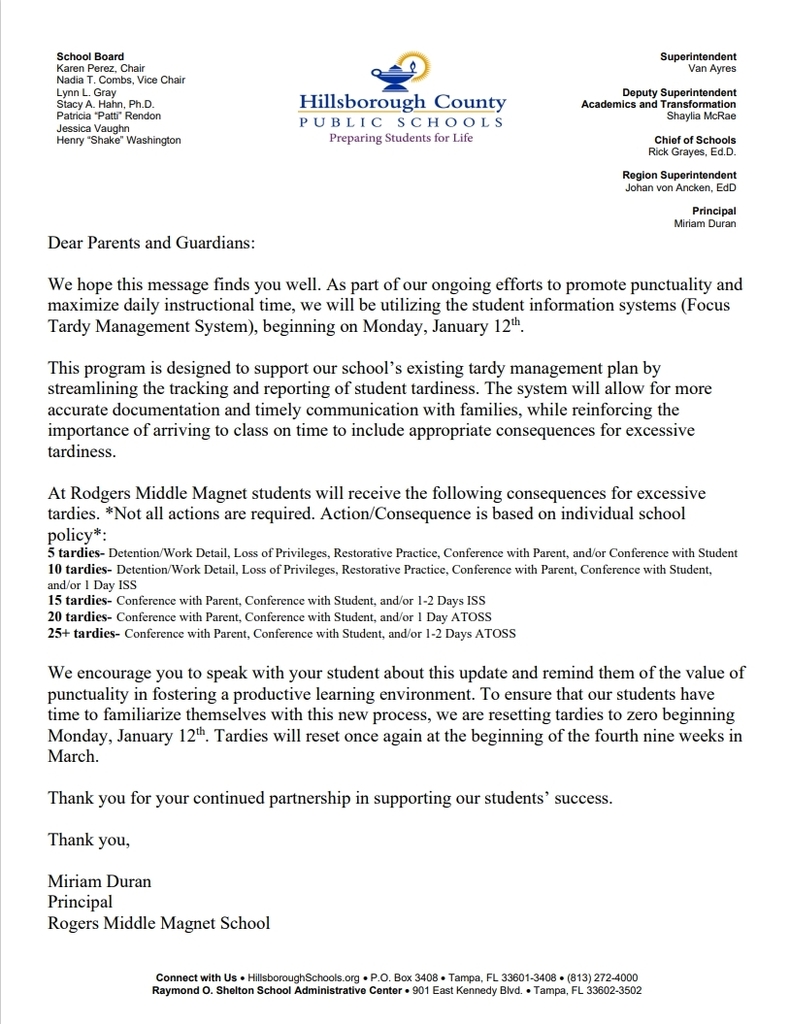 January 6th, 2026 Updated Tardy Policy Rodgers MS