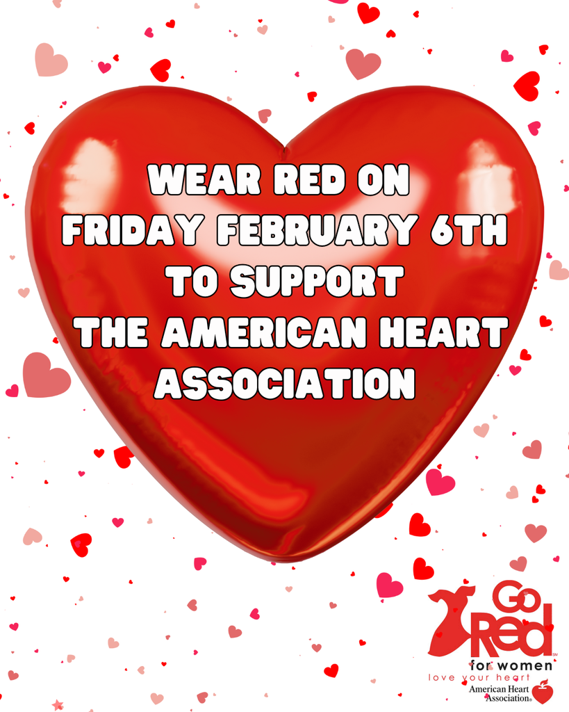 **Image description (for visually impaired users):**  The image shows a large, glossy red heart centered on a white background. Scattered around the heart are many small red and pink hearts of different sizes, giving a festive, affectionate feel.  Centered on the large heart is bold white text that reads:   “**WEAR RED ON FRIDAY FEBRUARY 6TH TO SUPPORT THE AMERICAN HEART ASSOCIATION**.”  In the bottom-right corner of the image is the red **Go Red for Women** logo, associated with the American Heart Association. Beneath the logo is small text that includes the American Heart Association name, indicating the campaign’s connection to heart health awareness.  Overall, the image is a promotional poster encouraging people to wear red on a specific Friday to show support for heart health and the American Heart Association, using hearts and red tones to reinforce the theme.