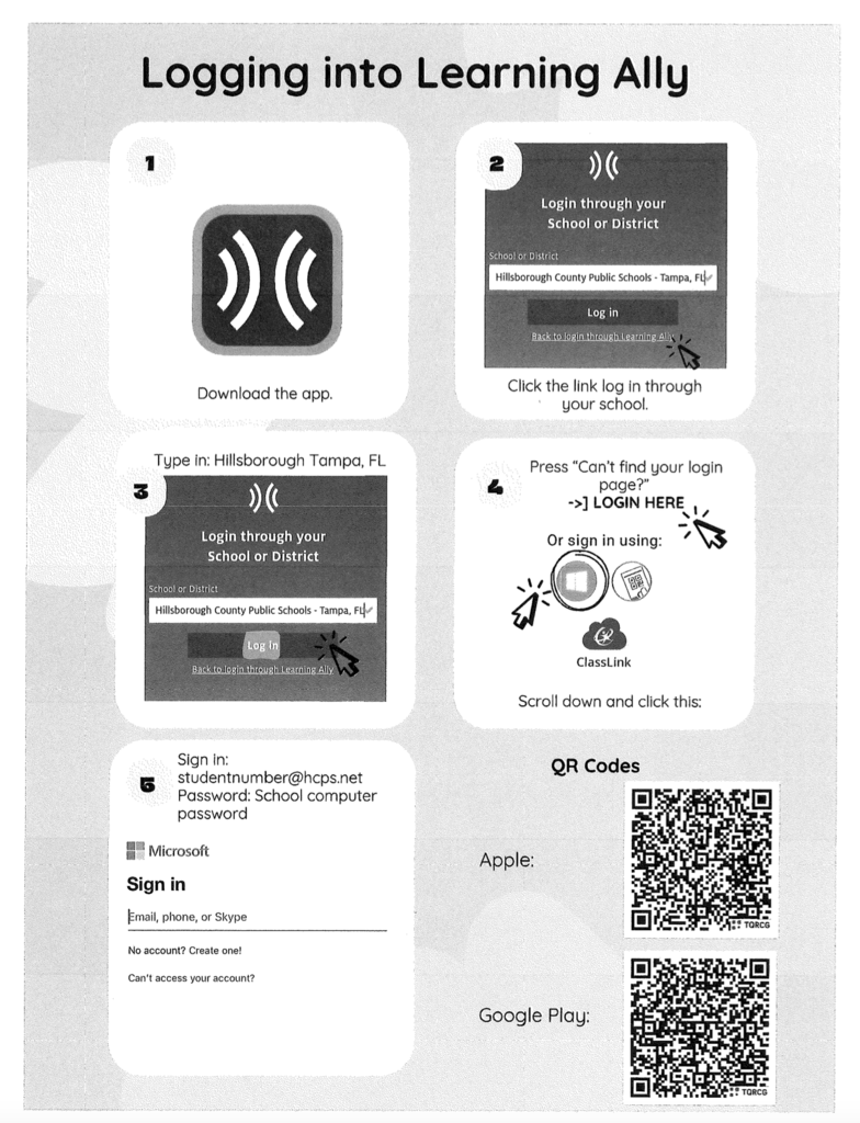 Learning Ally - The Great Reading Games - Login information in Spanish