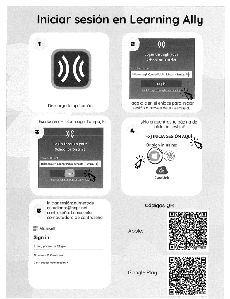 Learning Ally - The Great Reading Games information Login information flyer