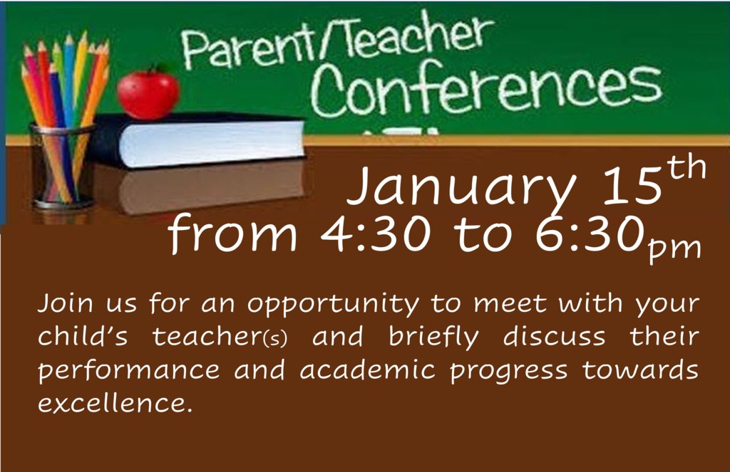 Parent - Teacher Conference flyer colorful pencils, red apple, and a book with a green chalk board 