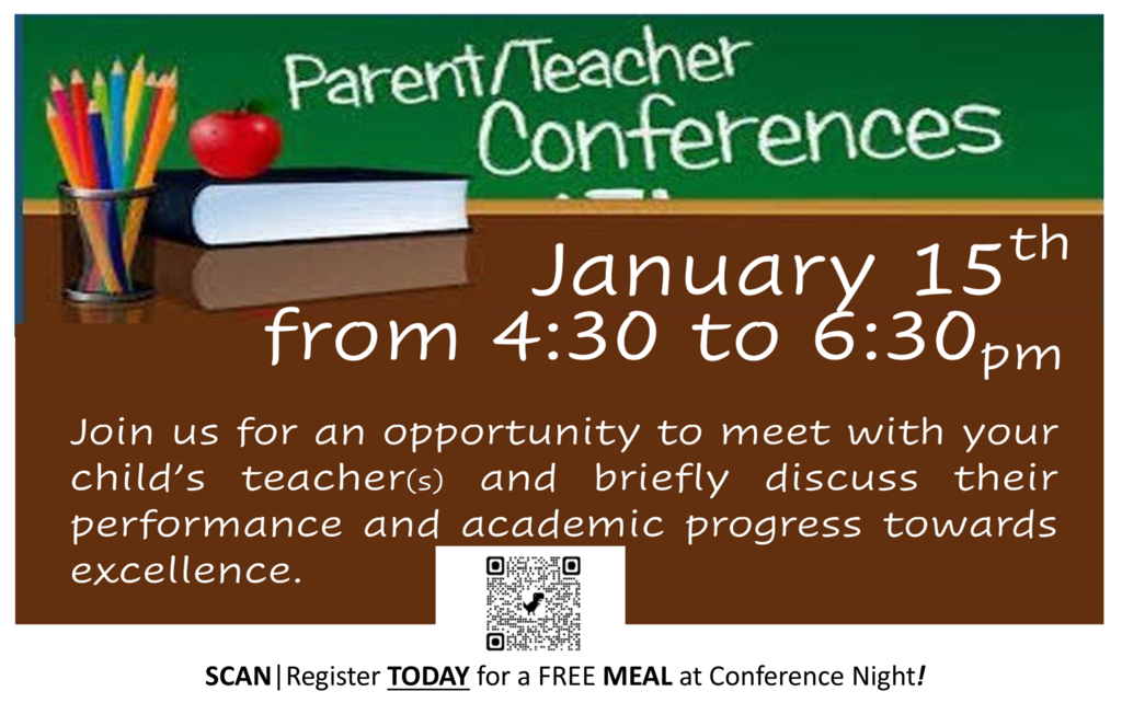 Parent - Teacher Conference flyer colorful pencils, red apple, and a book with a green chalk board 