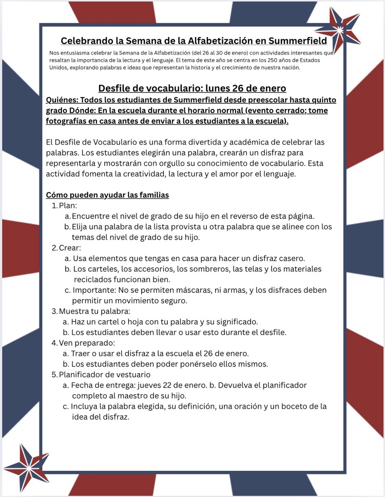 Vocabulary Parade Information SPANISH 