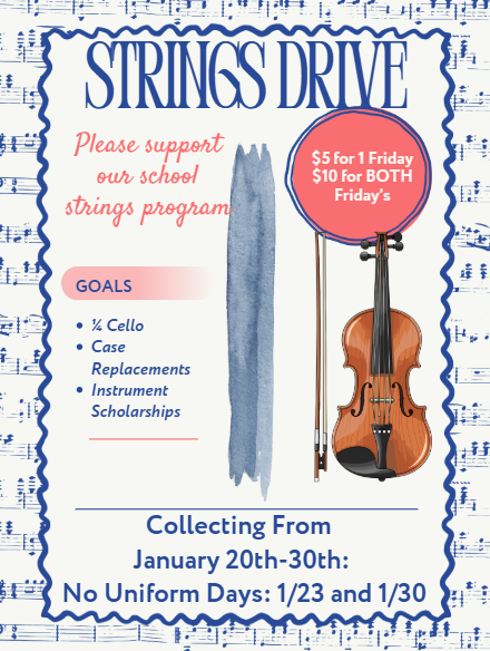 Advertisement for Strings no uniform fundraiser