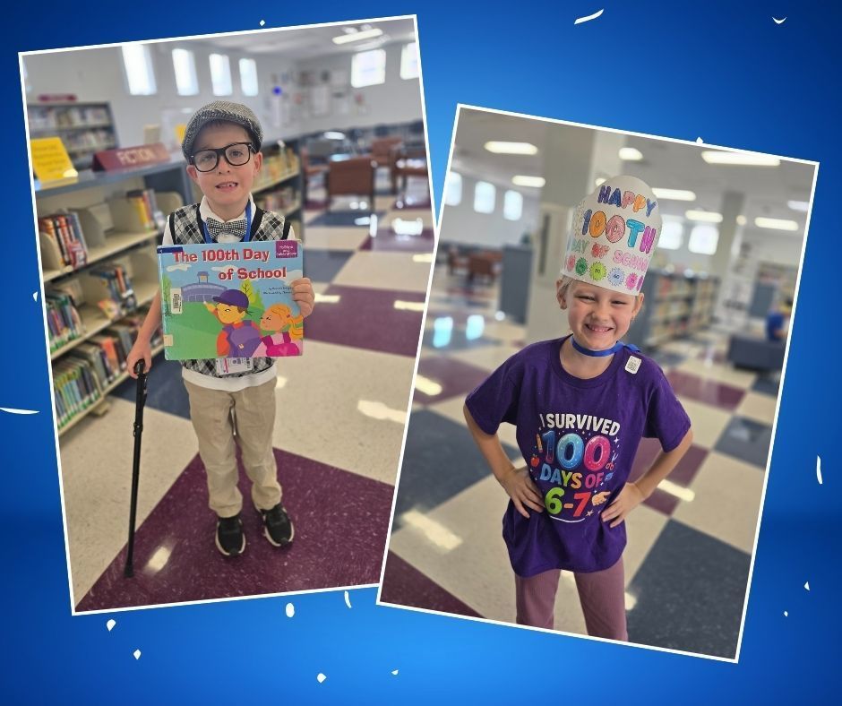 Two students posing with 100 day book and hat.