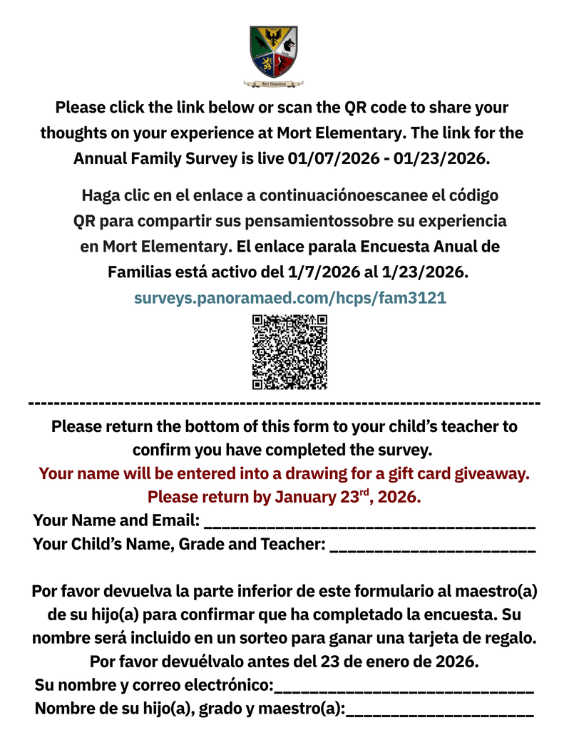 Family Survey QR code and link. Bottom portion of flyer to be returned to the school by February 1st.