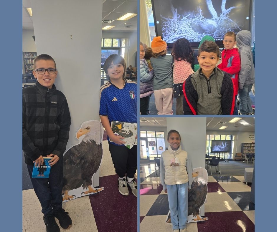 Students standing next to eagle printouts and wingspan