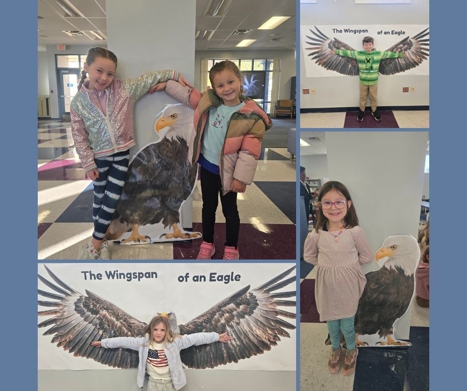 Students standing next to eagle printouts and wingspan