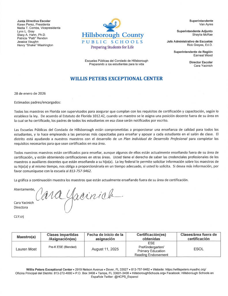 2526 Out of Field Letter- English/Spanish-Spring