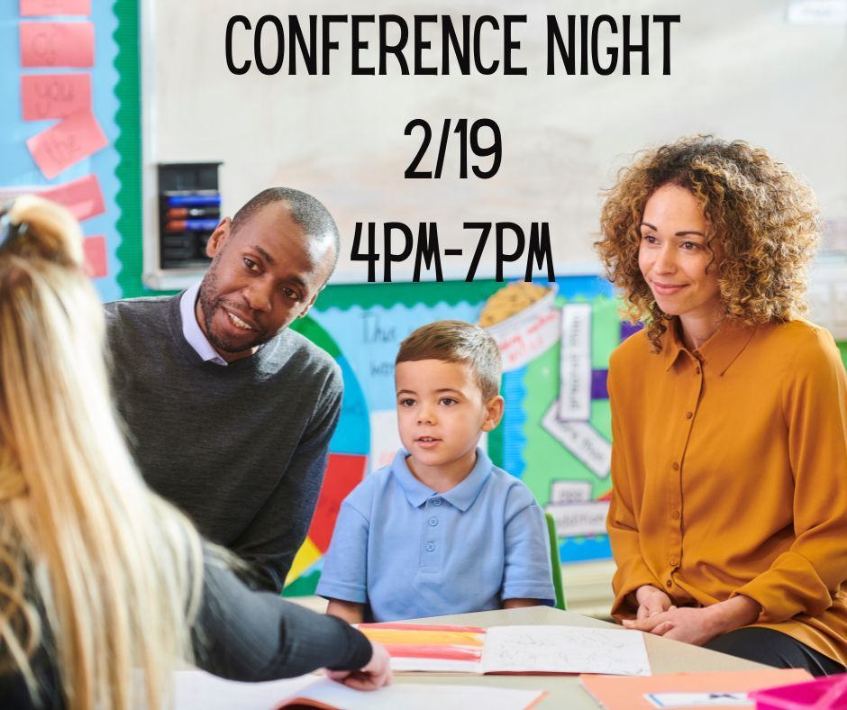 Family sitting at a parent conference with the words "Conference Night 2-19 4pm-7pm"