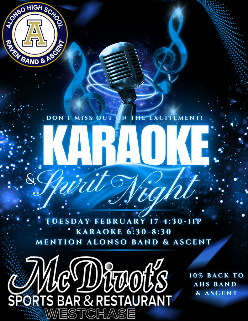 McDivot's Karaoke Spirit Night February 17 4:30pm to 11pm AHS Band