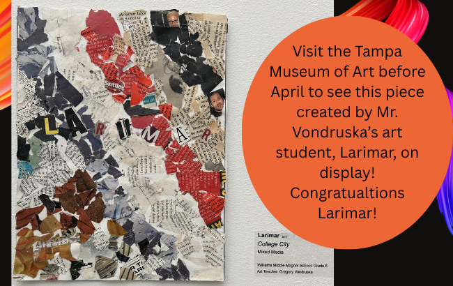art piece created by varying pieces of magazine print in a diagonal striped pattern from the top, left to the bottom, right; altrnating colors off white, black, off white, red, off white, gray; left, bottom corner in thick stripes gray, black, gray, brown, gray, brown, gray; LARIMAR in magazine letter cut out; large orange circle with information inside on the right 