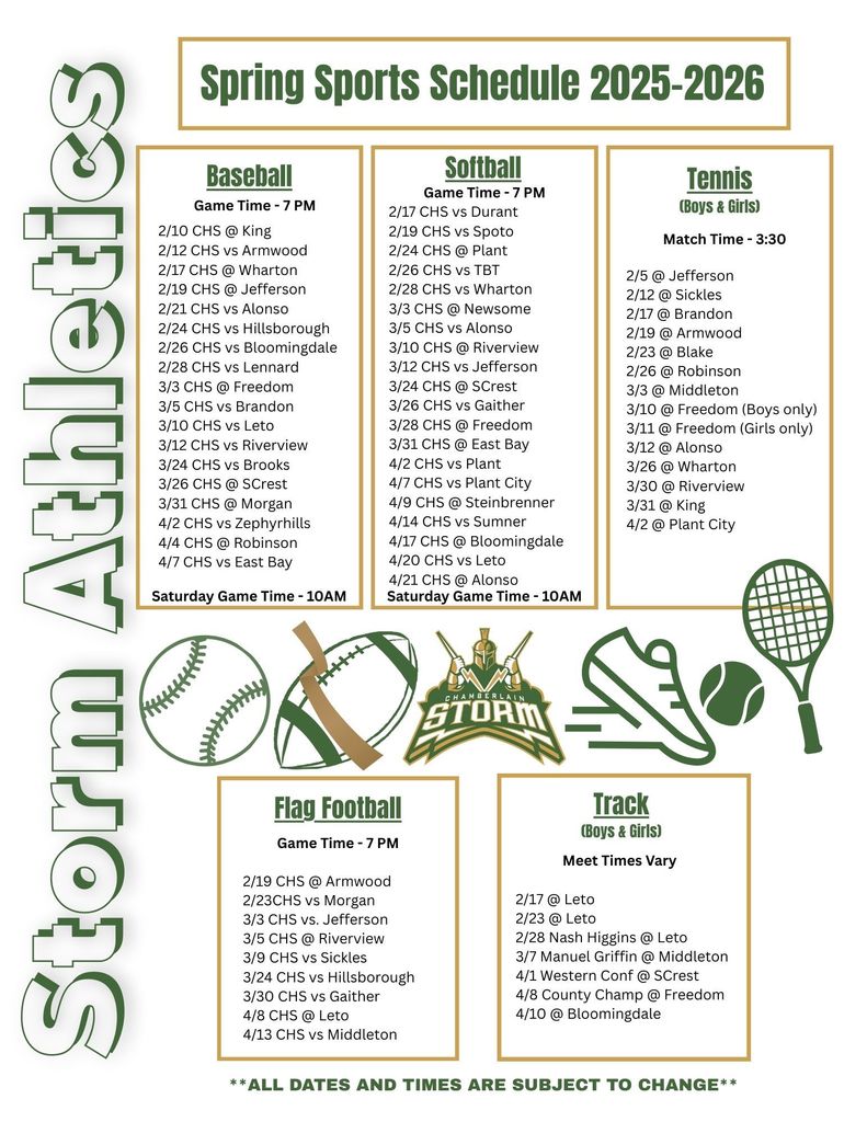 Updated Spring Sports Schedule