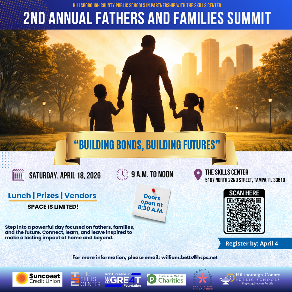 Poster with QR code with image of Father holding hands with children