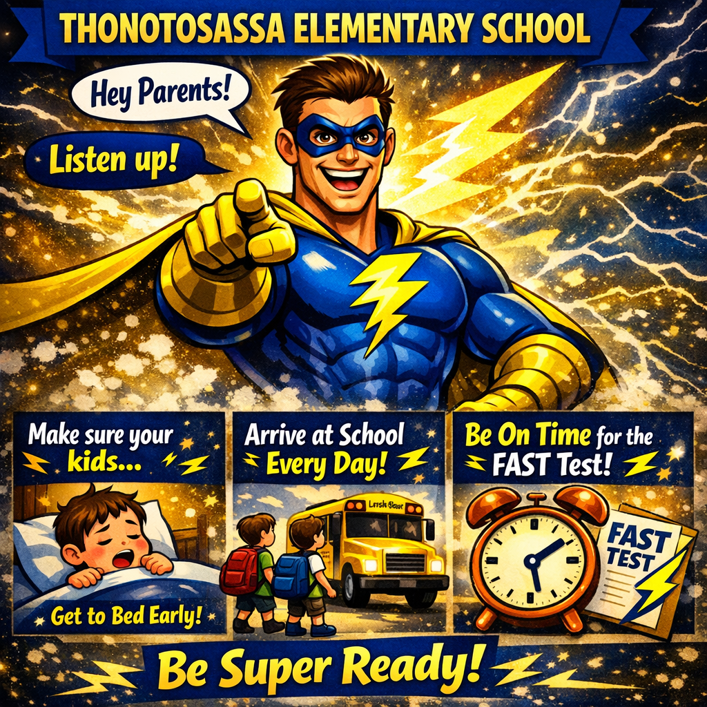 Thunderbolt in blue and gold super hero outfit telling parents to make sure kids go to sleep - student in bed, come to school everyday - student walking to the school bus, and be on time - a red time clock