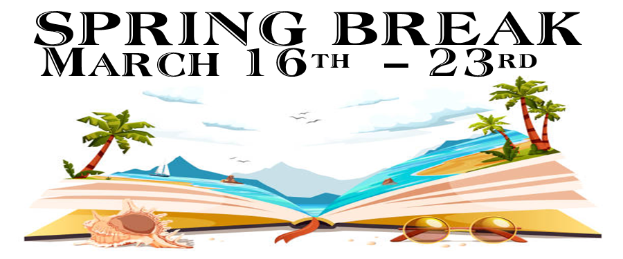 Spring Break flyer that has a book the shape of a tropical island with trees, sail boat, sunglass, and sea shell .