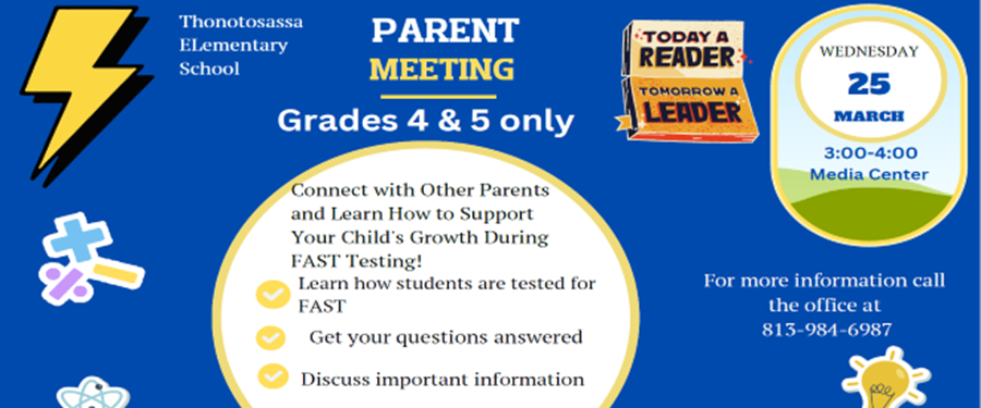 lighting bolt, light bulb, plus - minus - division symbols, writing announcing Parent Meeting for 4th and 5th grade parents  