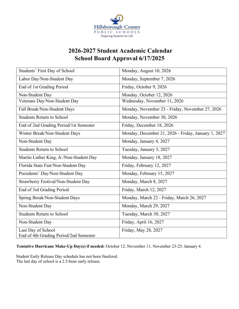 2026-2027 Student Academic Calendar