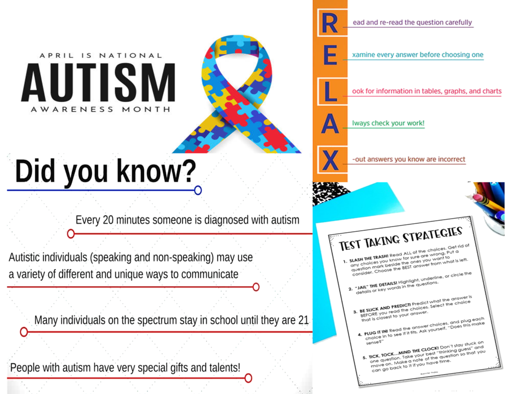Autism Awareness Month - a ribbon with puzzle pieces on it.
