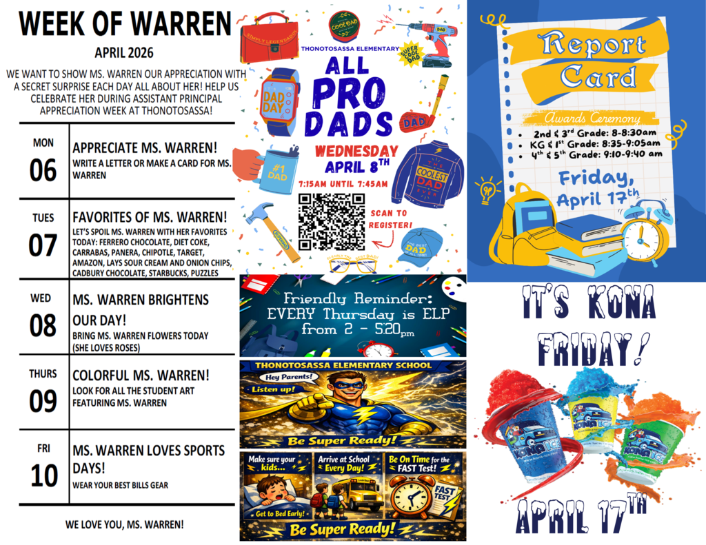 April School Announcements - All Pro Dads, ELP Thursdays, Kona Friday, Report Card Awards