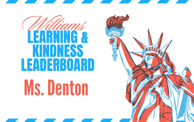 lign blue dashes  along the top and bottom margins; light blue drawing of the upper half of the Statue of Liberty with red accents; light blue and red font