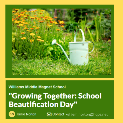 yellow border; green background;  picture of a white, metal watering can sitting in the grass beside a group of yellow and orange wildflowers growing out of the ground