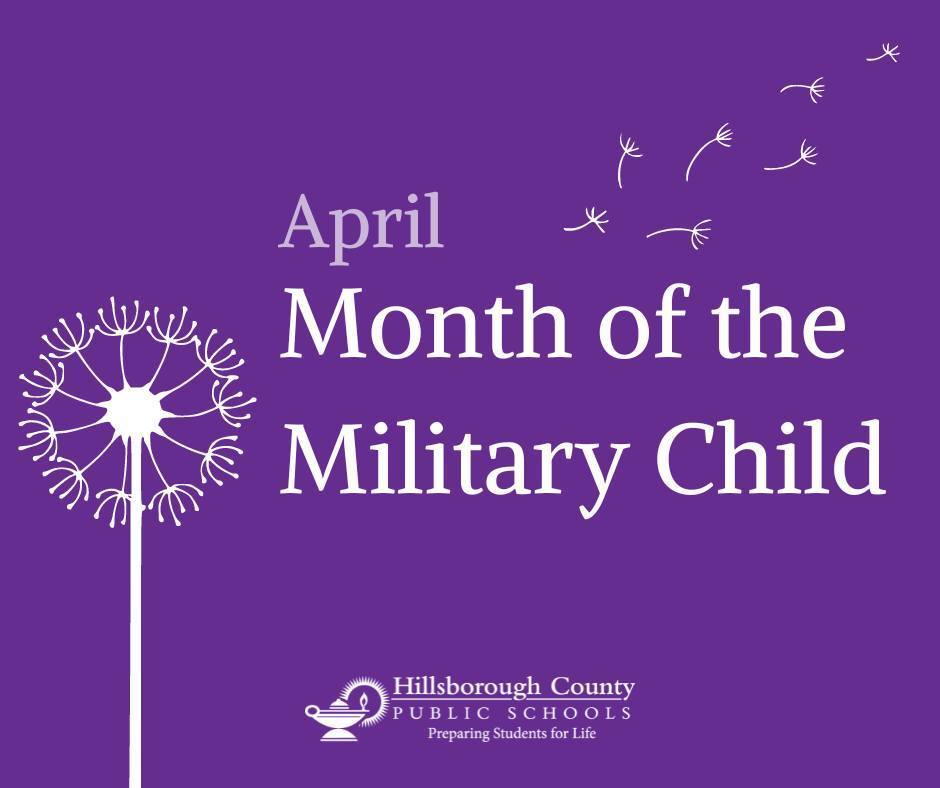 Purple flyer with white writing April Month of the Military Child, white dandelion flower