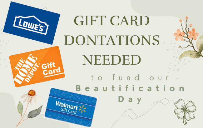 light green/gray backgournd; orange flower, daisy, 4 leaf clover, blue Lowe's gift card with white building logo; orange Home Depot gift card; blue Walmart gift card with yellow flower logo