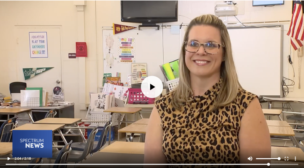 A screenshot of Bay News 9's feature on Stacey Loesky, a teacher at Ferrell Girls Preparatory Academy Middle Magnet School 