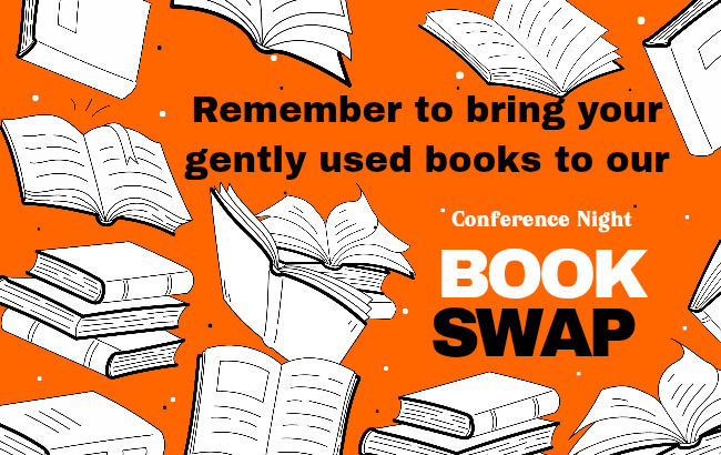 orange background with black and white specks; numerous piles of black and white books facing different directions 