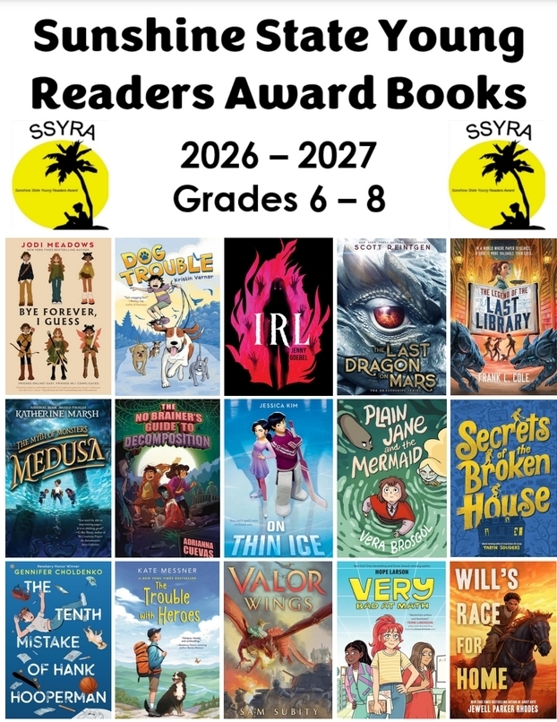 FAME logo (large yellow sun in the background; sillouhette of a person sitting on the ground reading a book under a palm tree); 15 colorful book covers