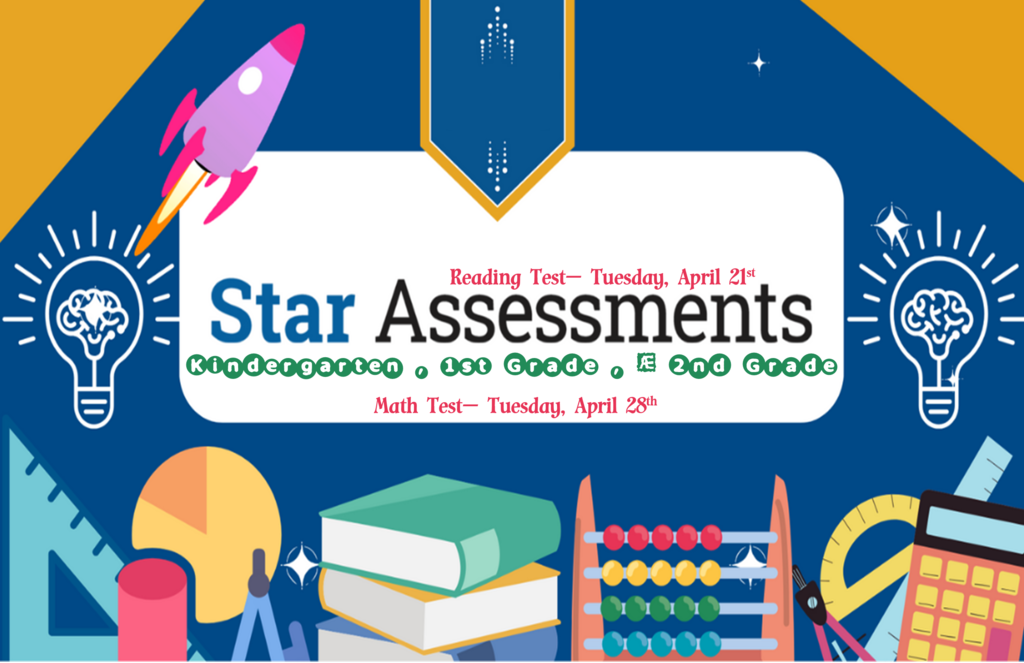 STAR Assessment flyer with books, light bulbs, rulers, calculators, rocket boarder