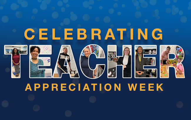 decorative image saying celebrating teacher appreciation week and the word teacher is filled in with pictures of HCPS teachers