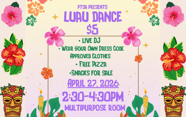 beige background with yellow stars and tan confetti; pink, green, yellow, and orange hibiscus flowers; tiki torches and tiki  masks