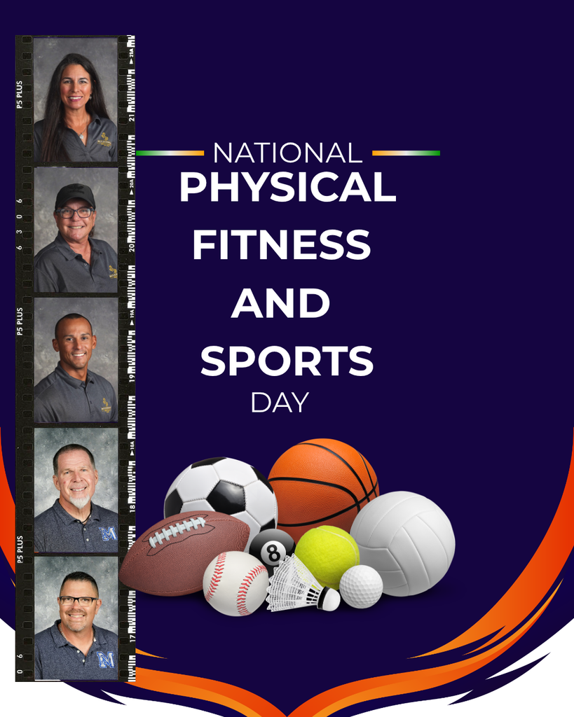 The image is a vertically oriented promotional poster set against a deep purple background. Centered in large white capital letters is the text: “NATIONAL PHYSICAL FITNESS AND SPORTS DAY.” Thin horizontal color bars in green, yellow, orange, and red appear on either side of the word “NATIONAL,” adding visual emphasis. Along the left edge of the poster runs a vertical strip designed to resemble a photographic film strip. Inside the film strip are six stacked portrait photographs of adults, each shown from the chest or shoulders upward against a neutral gray background. All individuals wear collared shirts, some with visible logos, and one individual wears a baseball-style cap. The film strip includes small numeric markings and sprocket-hole details, reinforcing the appearance of traditional photographic film. At the bottom center of the poster is a cluster of sports equipment arranged in a semi-circle. The items include:  A black-and-white soccer ball An orange basketball A brown American football with white laces A white volleyball A fuzzy yellow tennis ball A white baseball with red stitching A white dimpled golf ball A black billiards eight ball A white badminton shuttlecock  These objects slightly overlap one another, creating a compact display representing multiple sports. Along the lower edge of the poster, curved orange graphic shapes sweep upward from both corners toward the center, adding movement and contrast against the purple background. Overall, the image visually promotes physical fitness and sports participation through bold text, diverse sports equipment, and a film-strip-style column of portrait photographs.