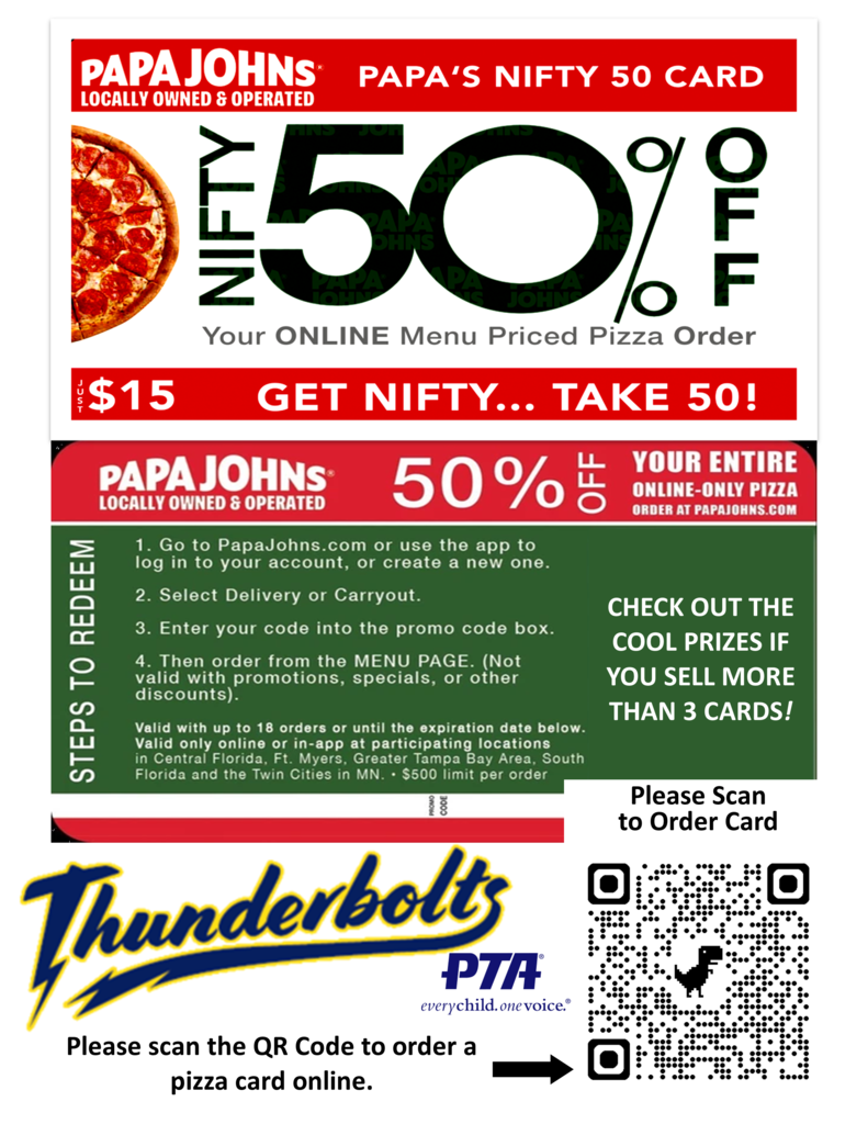 Nifity 50 Papa Johns Pizza Card 