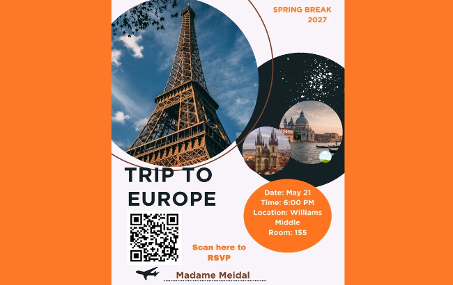 orange background, worm's-eye view of the Eiffle Tower in front of a blue sky with white clouds; pictures of the Tower of Longon and the Thames; QR code; airplane icon