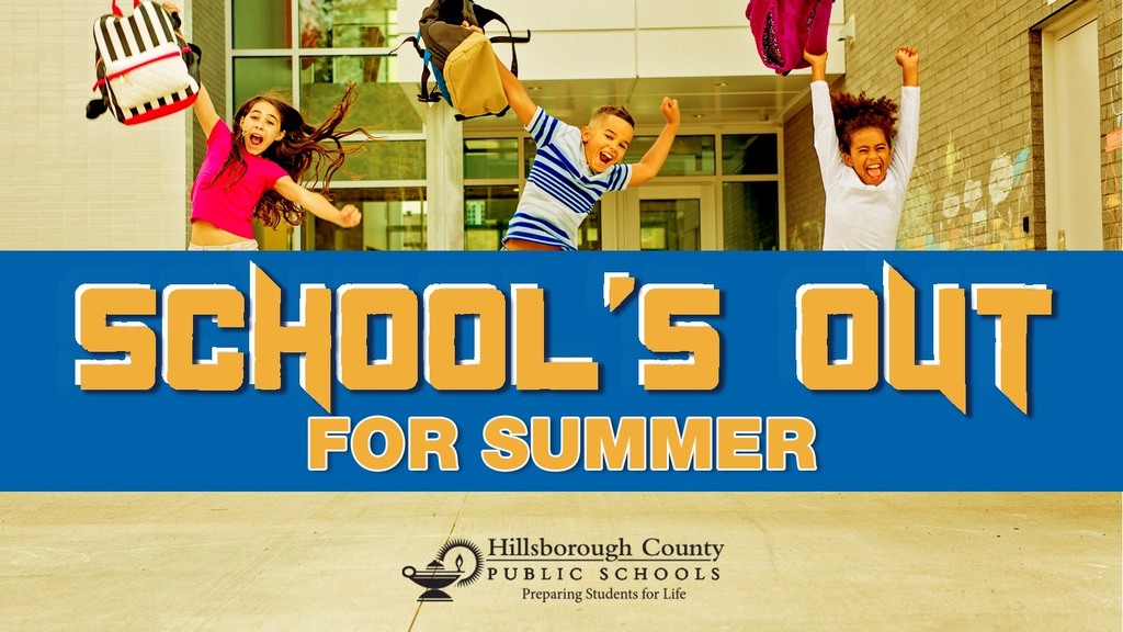 Kids leaping outside of a building flyer saying School's Out for Summer
