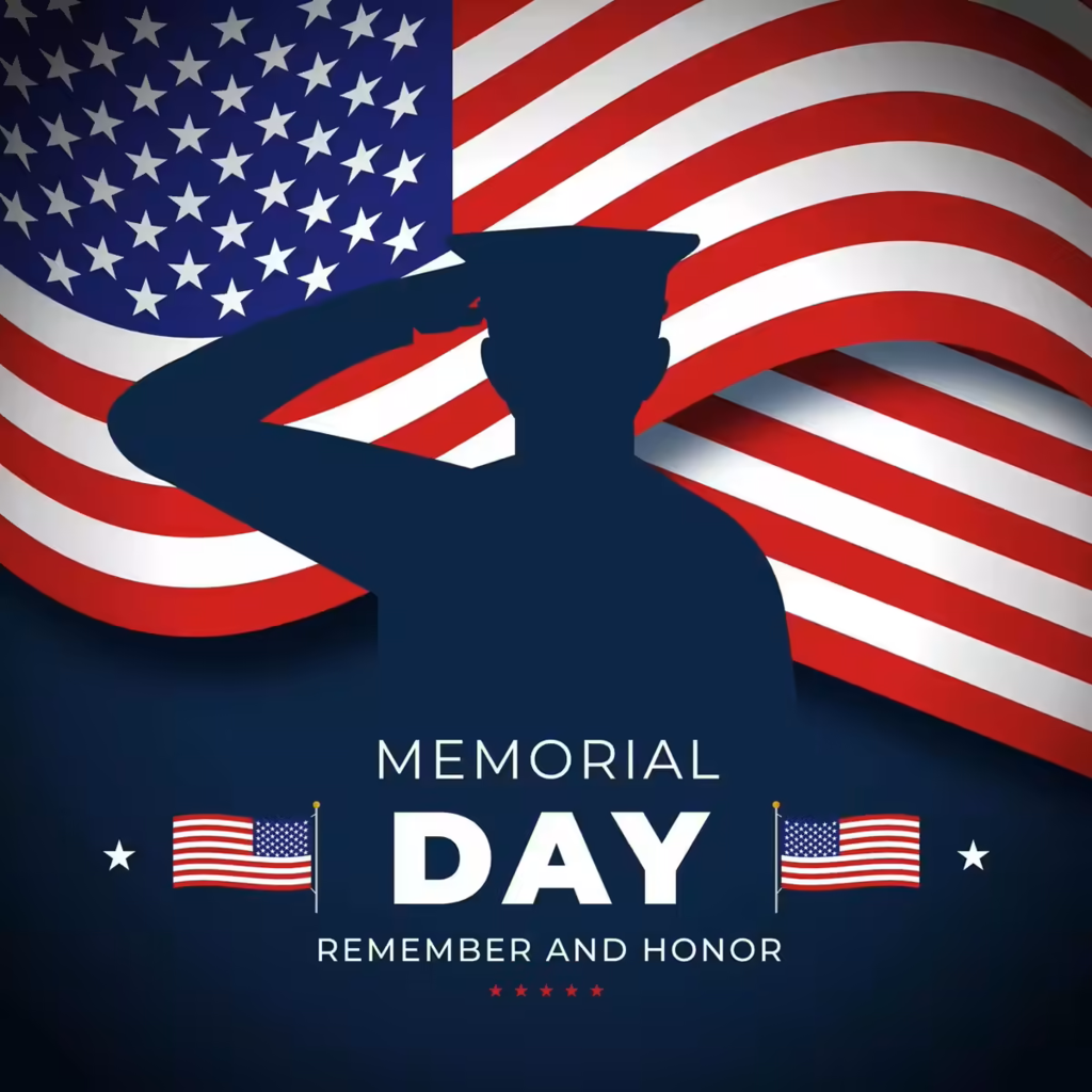 USA flag waving, a soldier saluting, and words saying Memorial Day - Remember - Honor