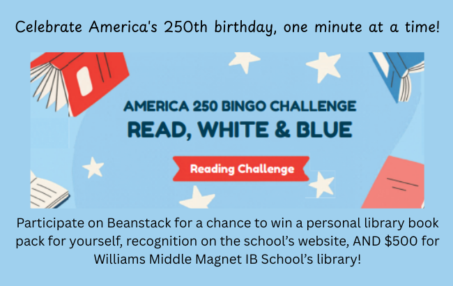 light blue background with white starts and red and blue open books scattered around. "Reading Challenge" in red