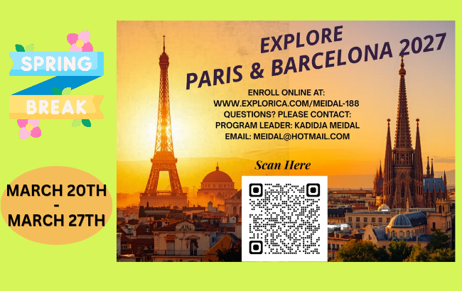 Neon lime green background; blue & yellow banner; yellow oval; sunset behind the eiffle tower