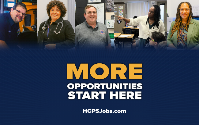Employees smiling at work with More Opportunities Start Here tagline and hiring website HCPSJobs.com